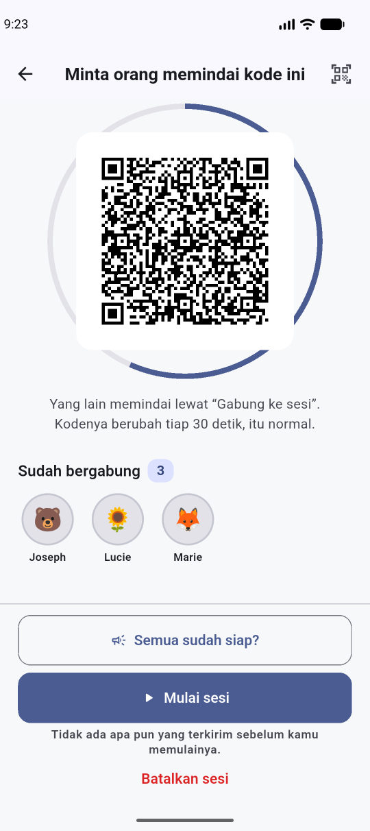 Kode yang dipindai orang lain, bertatap muka.